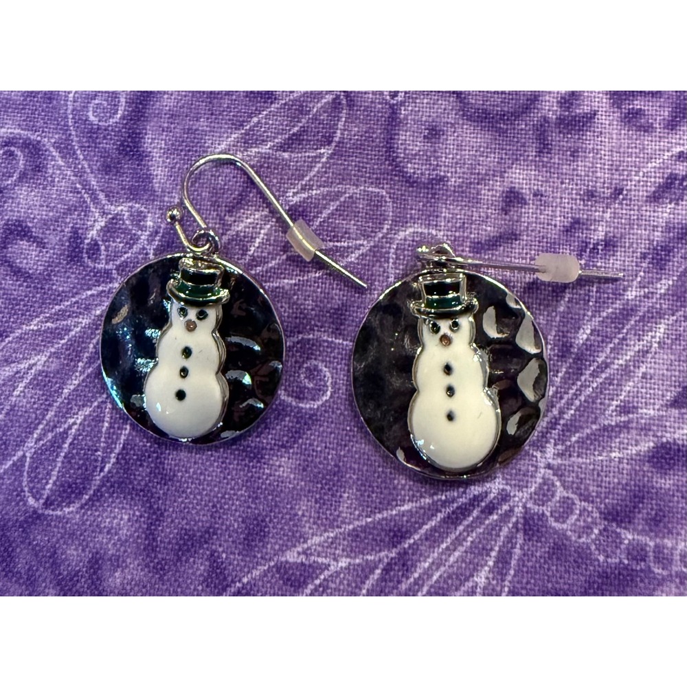 Womens Dangle Earrings Silver Snowman Enamel Hammered Holiday Festive Whimsical